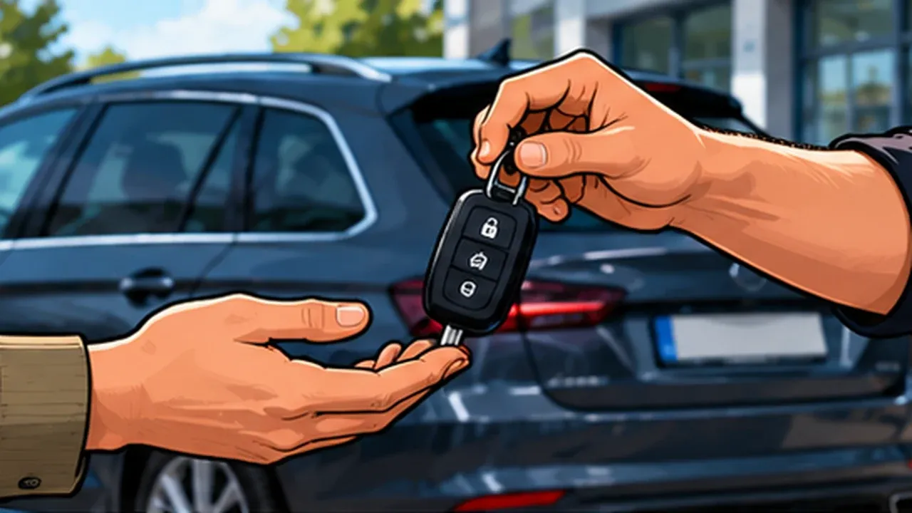Ilustrační vizualizace: převzetí klíčů od auta pro zajištění STK