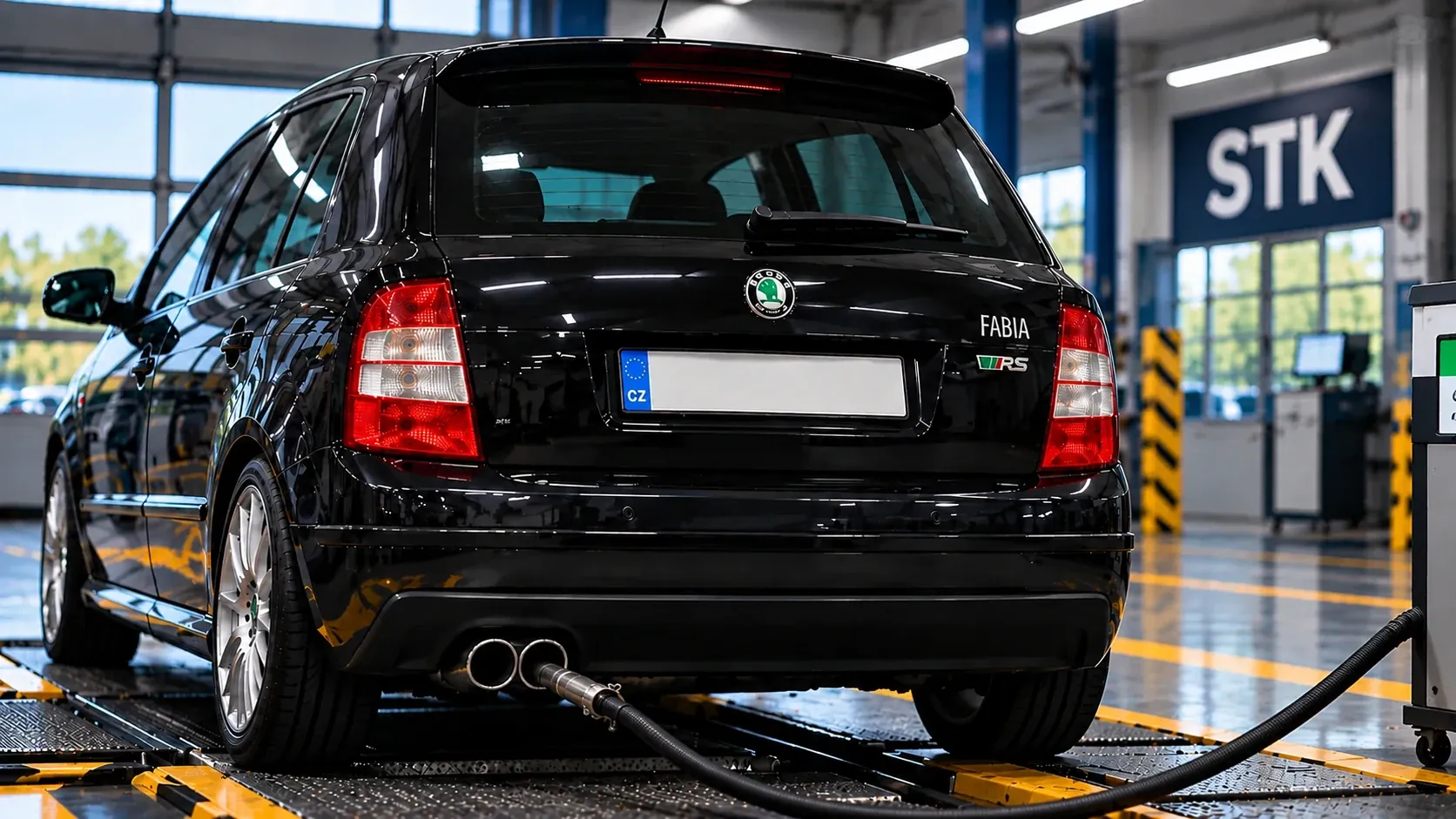 Ilustrační vizualizace: auto na kontrolní lince STK