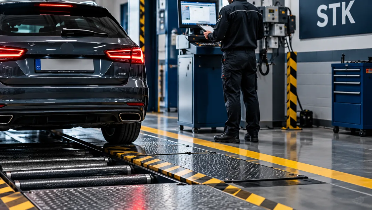 Ilustrační vizualizace: auto na lince stanice technické kontroly